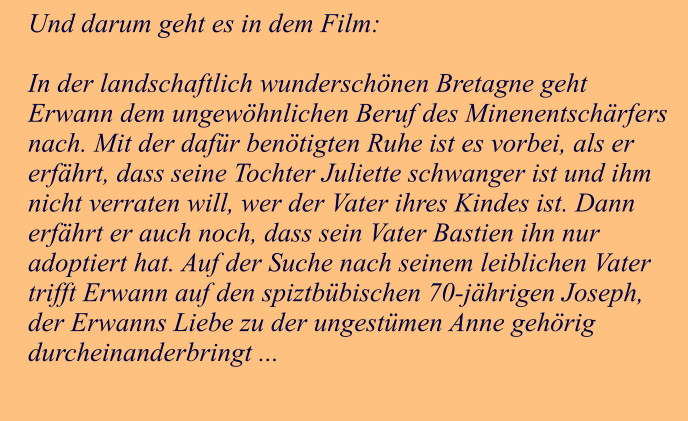 Und darum geht es in dem Film:  In der landschaftlich wunderschnen Bretagne geht Erwann dem ungewhnlichen Beruf des Minenentschrfers nach. Mit der dafr bentigten Ruhe ist es vorbei, als er erfhrt, dass seine Tochter Juliette schwanger ist und ihm nicht verraten will, wer der Vater ihres Kindes ist. Dann erfhrt er auch noch, dass sein Vater Bastien ihn nur adoptiert hat. Auf der Suche nach seinem leiblichen Vater trifft Erwann auf den spiztbbischen 70-jhrigen Joseph, der Erwanns Liebe zu der ungestmen Anne gehrig durcheinanderbringt ...